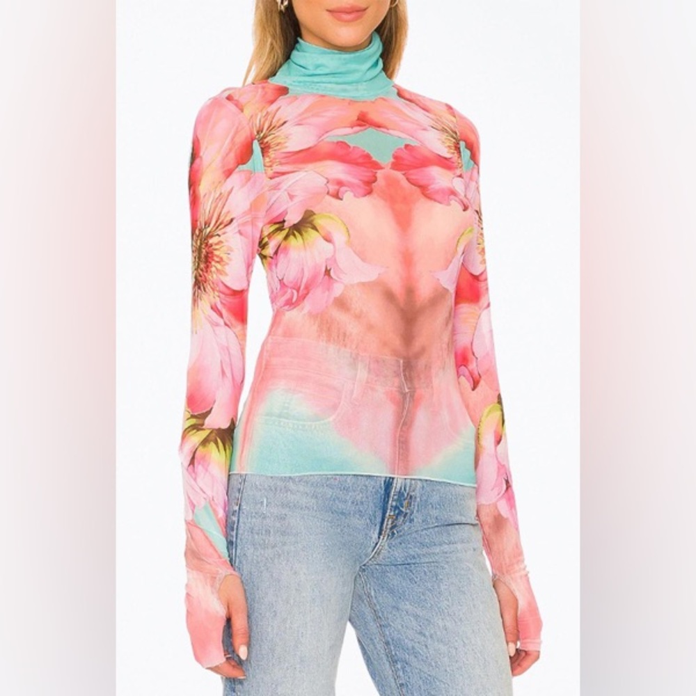 AFRM Floral Coral Long Sleeve Mesh Top
